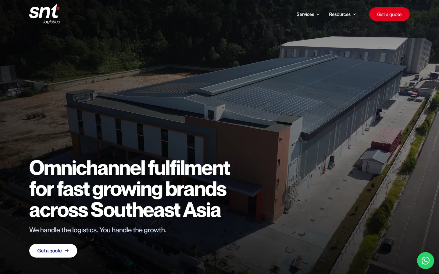 The new SNT Global Logistics homepage: an aerial view of an SNT warehouse under the headline “Omnichannel fulfilment for fast growing brands across Southeast Asia.”